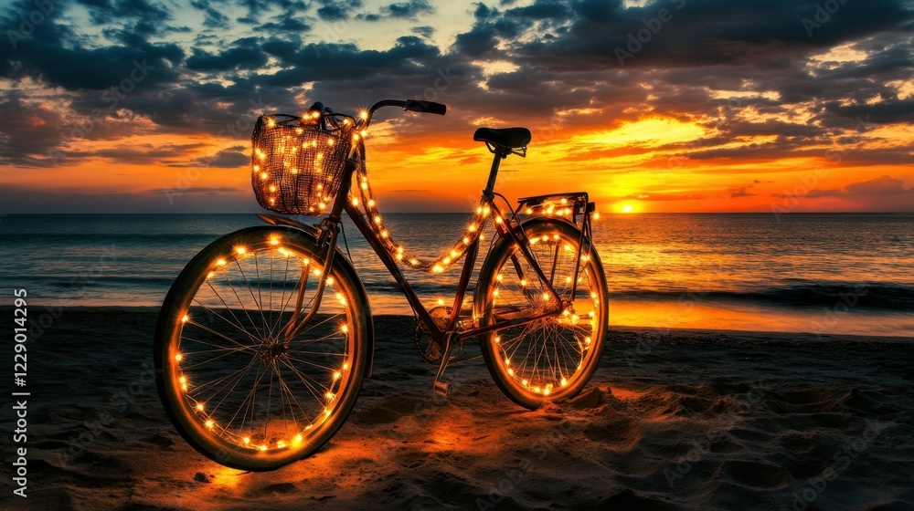Fototapeta premium A bicycle with soft glowing string lights wrapped around its frame, set against a sunset beach view.