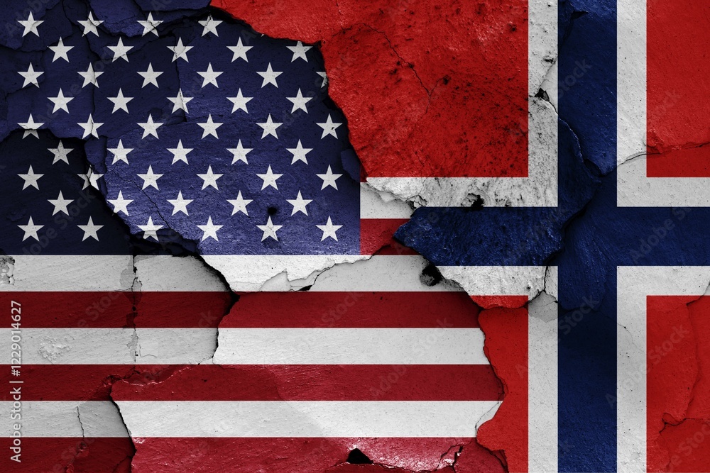 Obraz premium Flags of USA and Norway painted on cracked wall