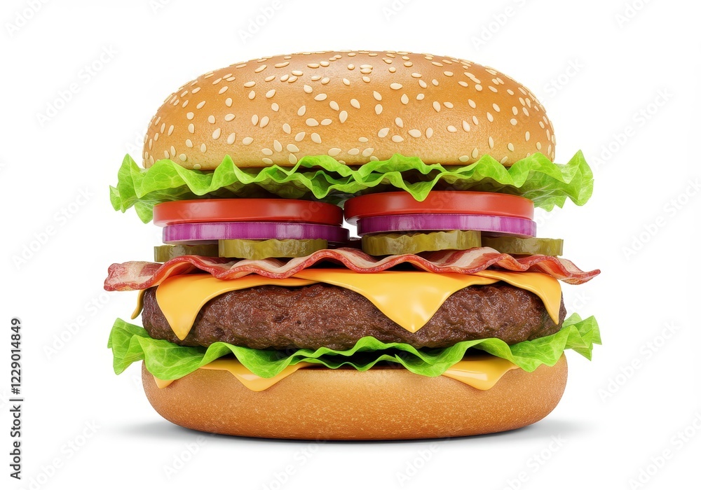 A gourmet cheeseburger with a sesame seed bun, layers of lettuce, tomato, red onion, pickles, melted cheese, bacon and a beef patty isolated on a white background A gourmet cheeseburger with a sesame seed bun, layers of lettuce, tomato, red onion, pickles, melted cheese, bacon and a beef patty isolated on a white background