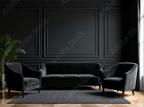 Black Velvet Sofa & Armchairs, Hollywood Glam Living Room