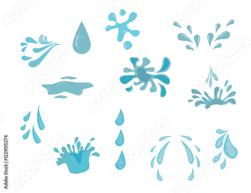 set of drops. Hand drawn waterdrop illustration. Set of versatile water splash vector illustrations. Collection of light blue water droplet and splash vector graphics.