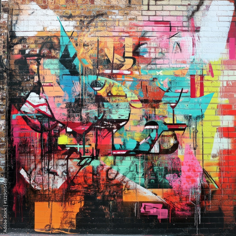 A colorful graffiti on a brick wall. The graffiti is a mix of red, yellow, and blue colors A colorful graffiti on a brick wall. The graffiti is a mix of red, yellow, and blue colors