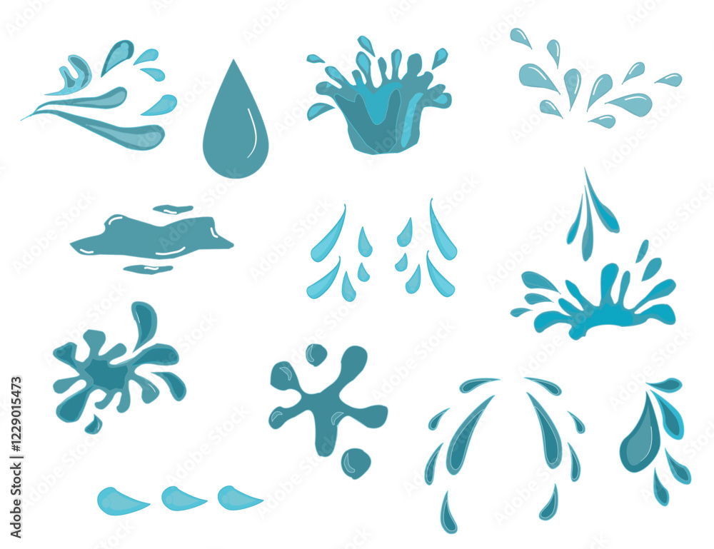 Fototapeta premium set of drops. Hand drawn waterdrop illustration. Set of versatile water splash vector illustrations. Collection of light blue water droplet and splash vector graphics.