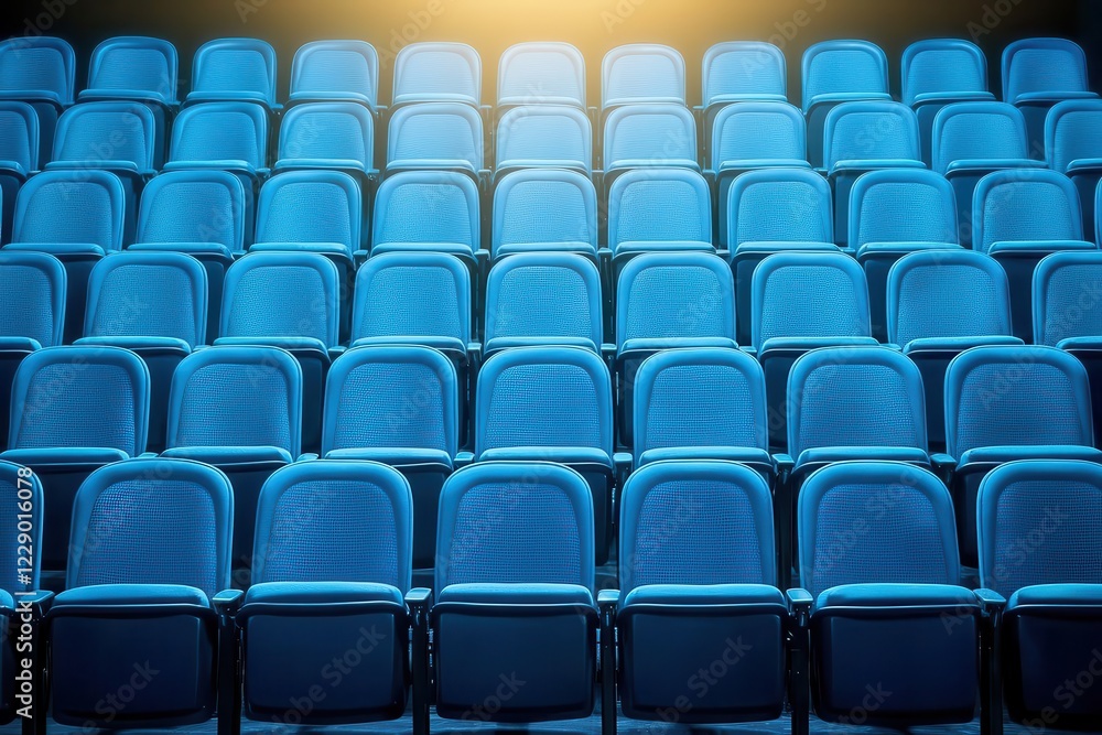 Rows of empty blue chairs in a spacious auditorium setting.