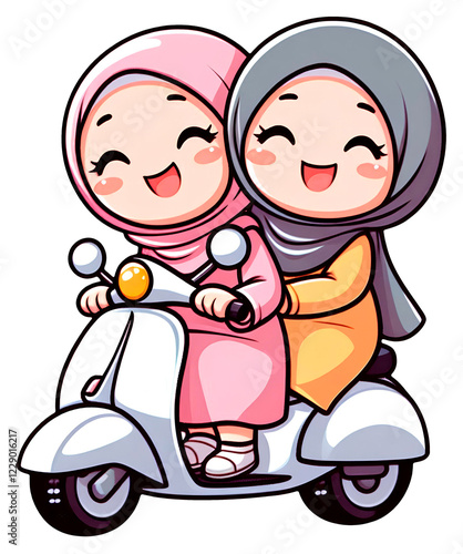 illustration cartoon two muslim girls wtih scooter bike