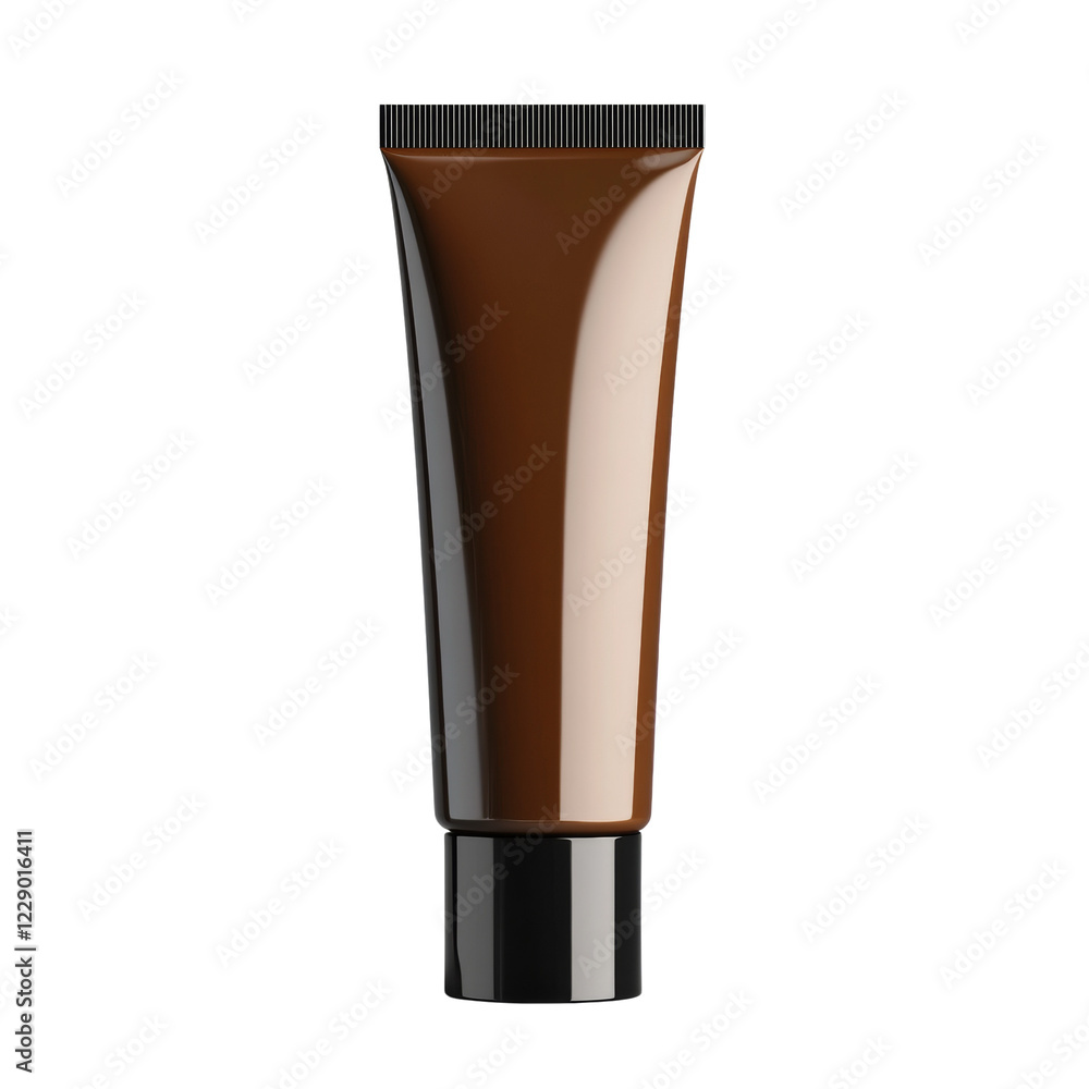 A 3D render of a brown cosmetic tube with a black cap against a black background, showcasing packaging design. A 3D render of a brown cosmetic tube with a black cap against a black background, showcasing packaging design.