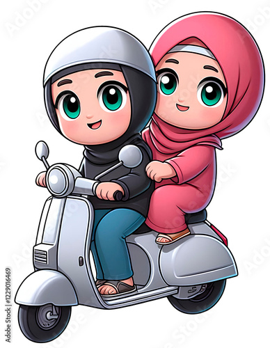 illustration cartoon two muslim girls wtih scooter bike