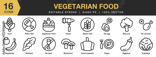 Vegetarian Food icon set. Editable Stroke Icon Collection. Includes vegetarian, cuisine, healthy, food, meal, and More. Outline icons vector collection.
