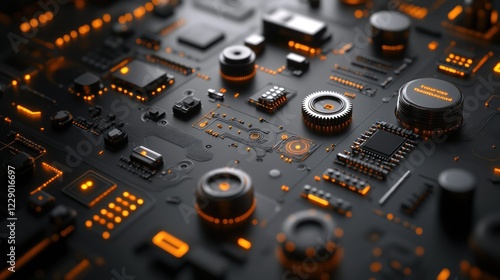 Close-up of futuristic circuit board with glowing orange components.