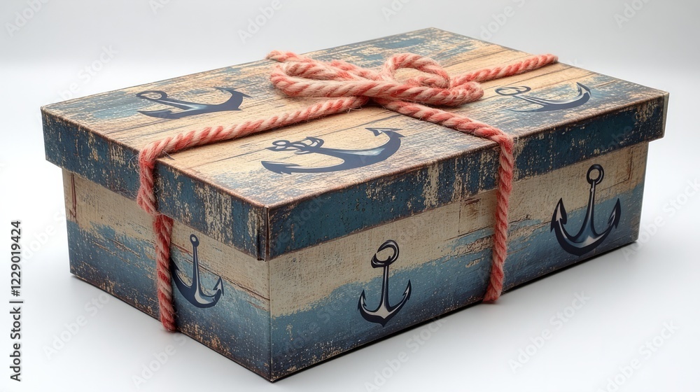 Fototapeta premium A rectangular paper gift box with a nautical theme, featuring ropes and anchors