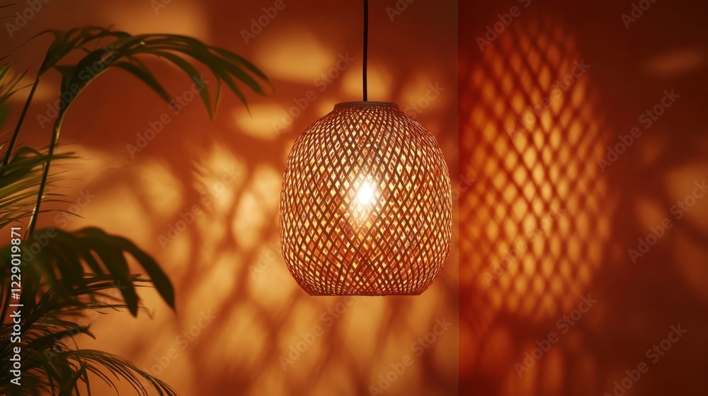 Obraz premium A woven bamboo pendant lamp casting intricate patterns of light and shadow on an orange wall