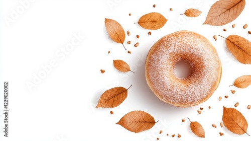 A cinnamon-sugar donut with edible leaves in fall colors, watercolor effect, cozy theme, isolated on white background