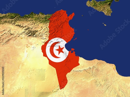 Satellite image of Tunisia with the country's flag covering it photo