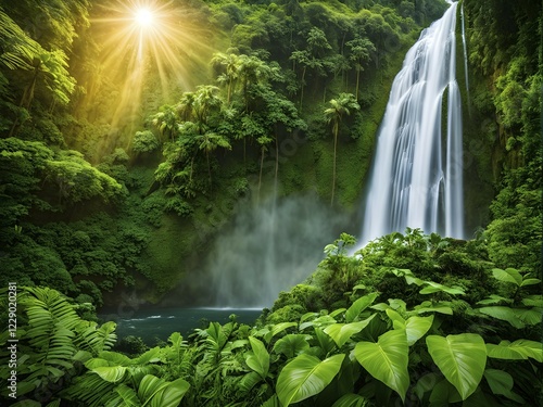 Verdant green rainforest with waterfall and sunrise in background, AI generated photo