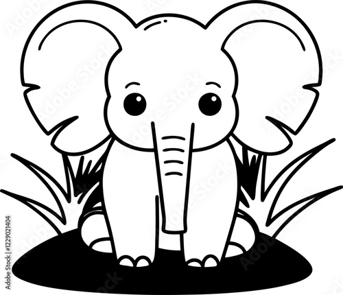 Cute elephant sitting in a grassy field, black and white vector illustration, child friendly, educational coloring page