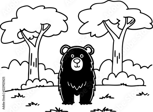 Black bear in forest clearing, hand drawn illustration, wildlife, nature scene, vector art