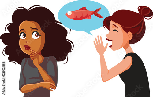 Person Using Red Herring Argument in a Conversation Vector Illustration. Woman whispering information to her friend in a persuasive manner 
