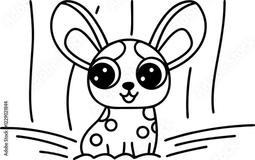 Cute mouse with large ears and polka dots, black and white illustration, playful animal design, doodle style