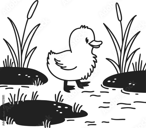 Cute Baby Duckling in a Marsh Illustration, Nature, Wildlife, , Black and White Vector Art