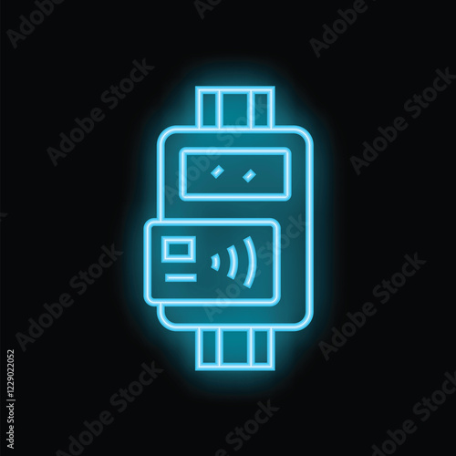 Blue glowing neon sign of a contactless payment terminal accepting a credit card