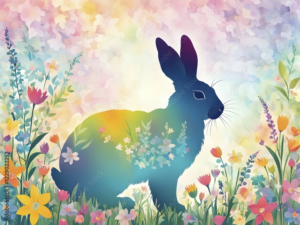 Obraz premium Abstract illustration of a bunny silhouette filled with a collage of spring flowers and vivid pastel colors, set against a soft background, AI generated