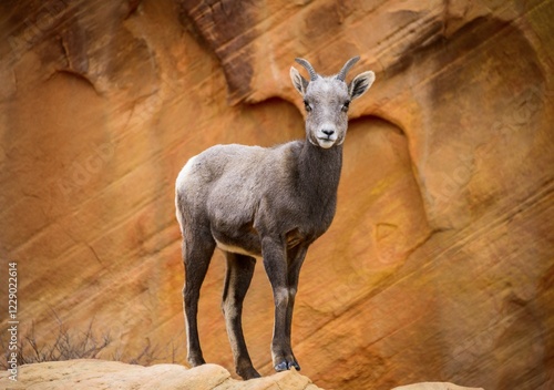 Desert bighorn sheep (Ovis canadensis nelsoni), young animal standing in front of red sandstone rocks, Rainbow Vista, Valley of Fire State Park, Nevada, USA, North America photo