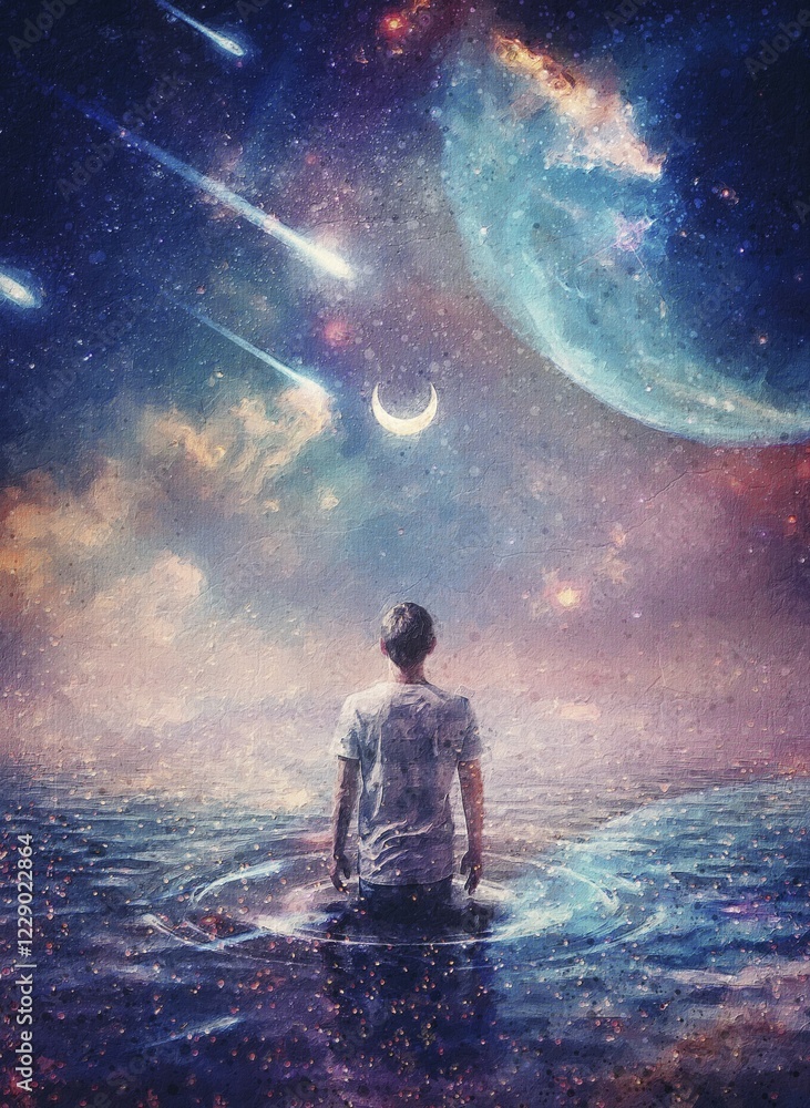 Fototapeta premium Wonderful cosmic painting with a person in the ocean of space. Surreal scene, starry night sky on another planet and a wanderer walks in the water watching the crescent moon, meteor shower and nebulas