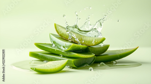 Wallpaper Mural Fresh aloe vera slices and splashing juice on light green gradient background. Banner design with space for text. Generative AI Torontodigital.ca