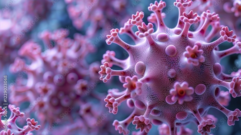 A detailed 3D rendering of a coronavirus structure in shades of pink and red, AI generated A detailed 3D rendering of a coronavirus structure in shades of pink and red, AI generated
