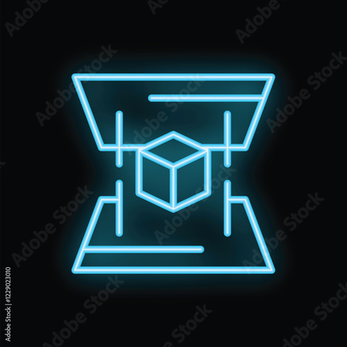 Neon icon of 3d printing printing a cube shape object