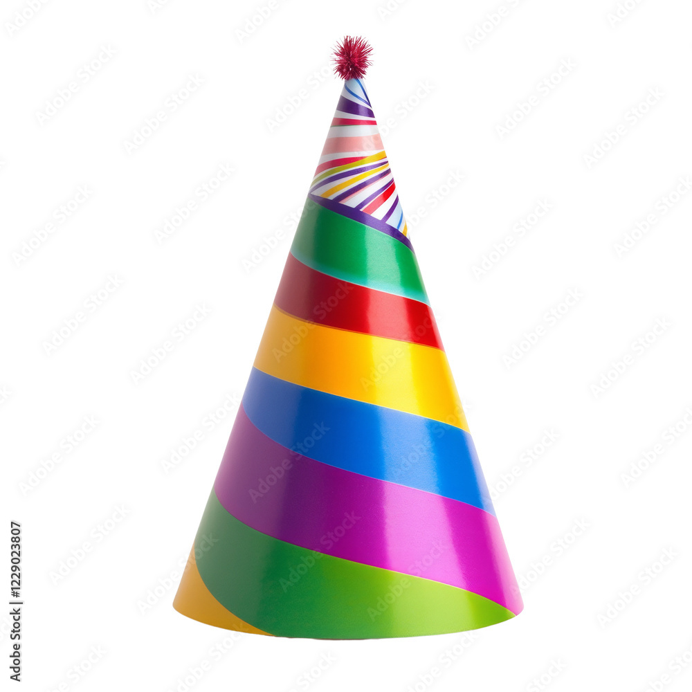 A brightly colored party hat with rainbow stripes and a pink pompom on top is shown against a black background. A brightly colored party hat with rainbow stripes and a pink pompom on top is shown against a black background.