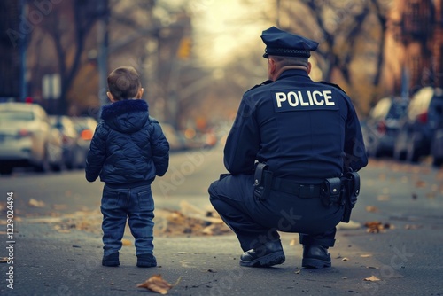 Back view of male police officer interacting with small toddler child in street. KI generiert, generiert, AI generated