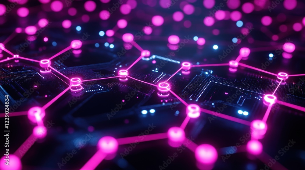 Obraz premium Abstract digital network connection glowing pink lines on dark tech background.