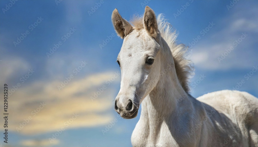 Obraz premium KI generated, A white foal, portrait, blue sky, horses, grey foal