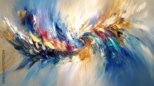 A bold and energetic abstract painting with swirling strokes of blue, gold, and red, radiating vibrancy and life