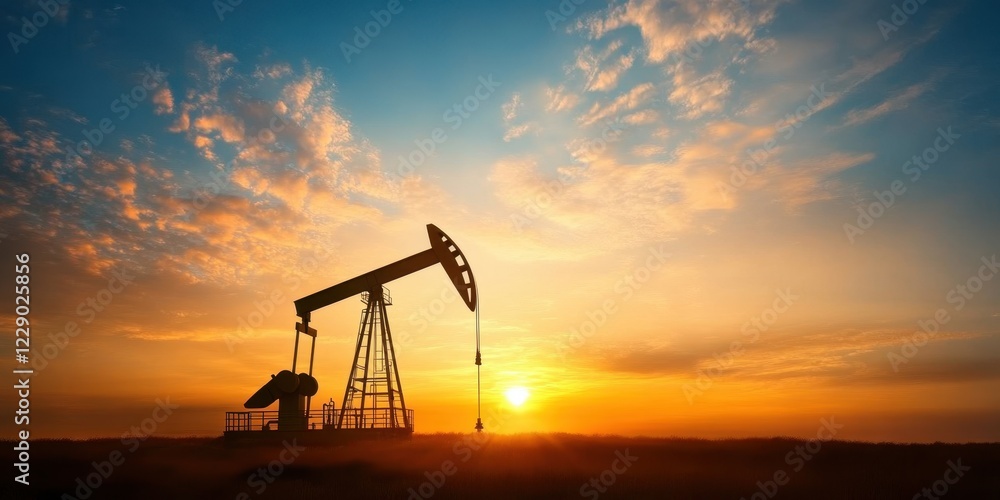 Majestic oil rig silhouetted against a vibrant sunset, showcasing industrial beauty and natural wonder.