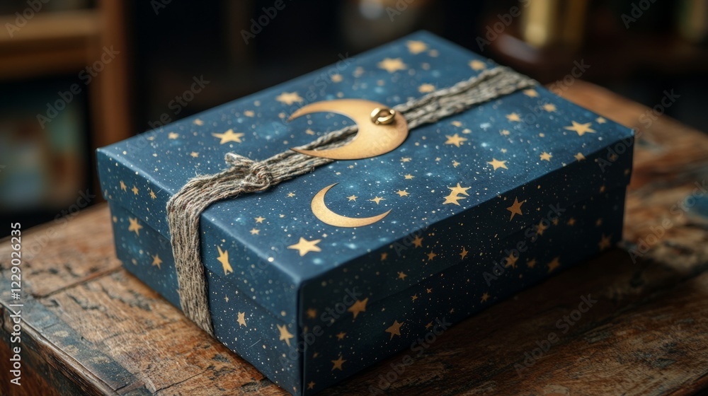 A starry night-themed paper gift box with a crescent moon charm attached A starry night-themed paper gift box with a crescent moon charm attached