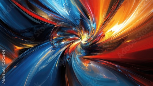 A bold and vibrant abstract painting with swirling strokes of blue, red, and gold, exuding power and creativity