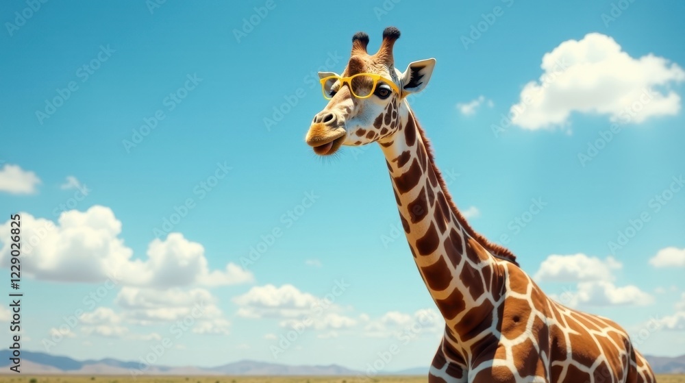 Obraz premium A giraffe wearing yellow spectacles gazes across a sunny savanna under a vibrant blue sky dotted with fluffy white clouds, a whimsical scene of nature's beauty and unexpected fashion.