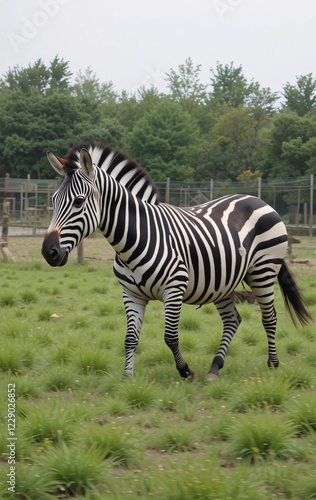 A zebra trots across the enclosure, its black and white stripes blending into the grassy field photo