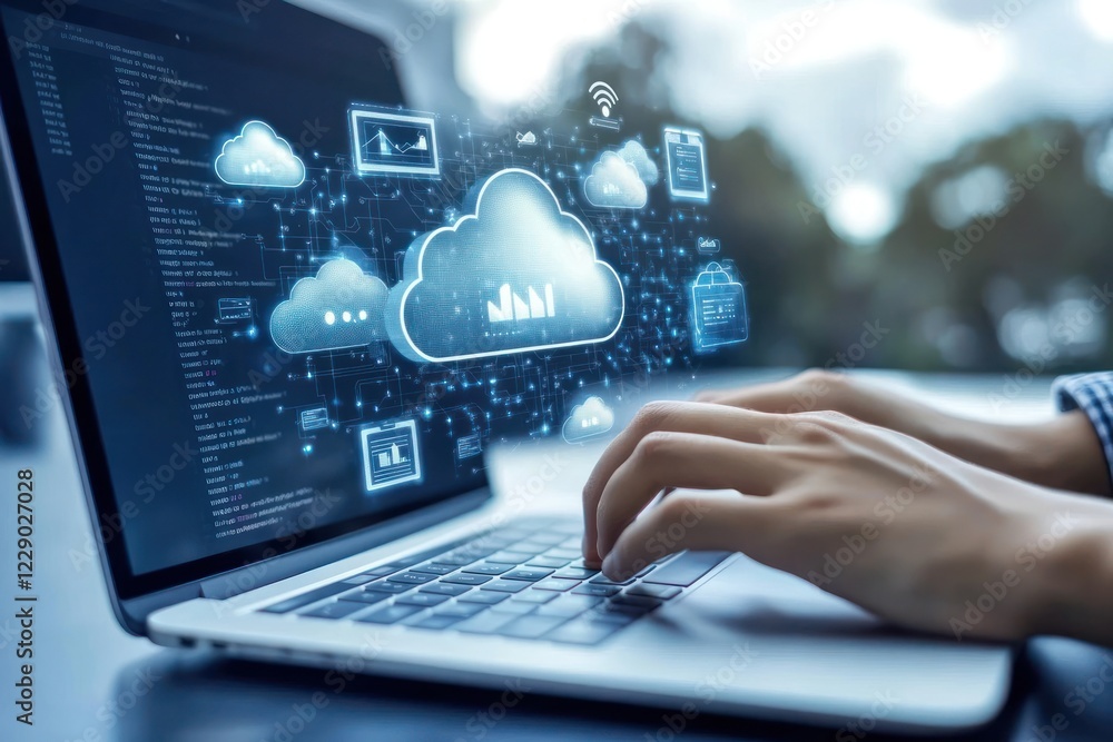 Obraz premium Person typing on laptop with cloud computing graphics displayed