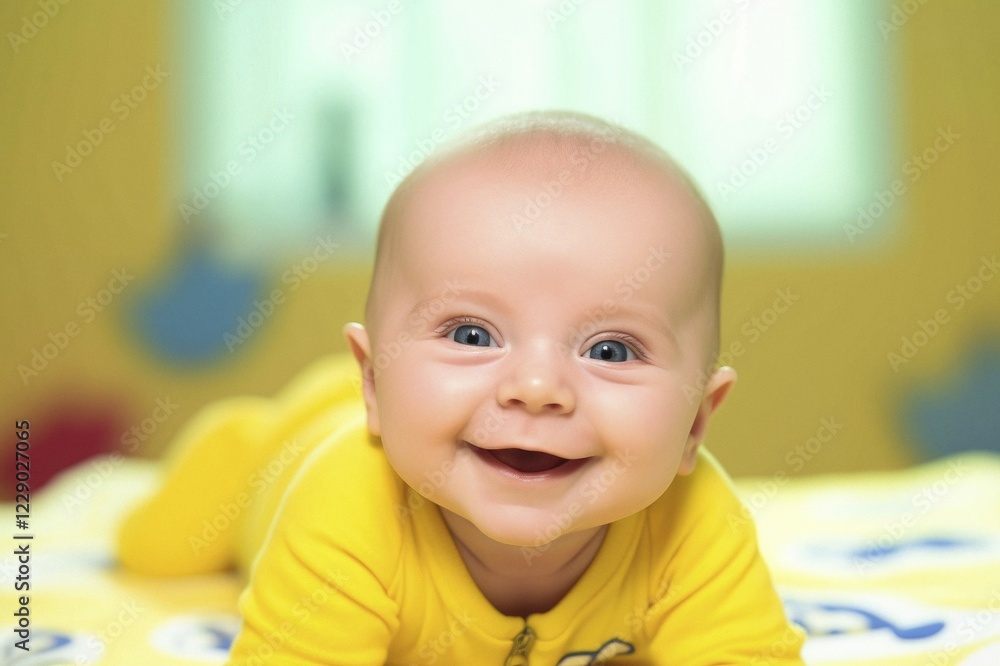 A laughing baby in a yellow romper suit, AI generates A laughing baby in a yellow romper suit, AI generates