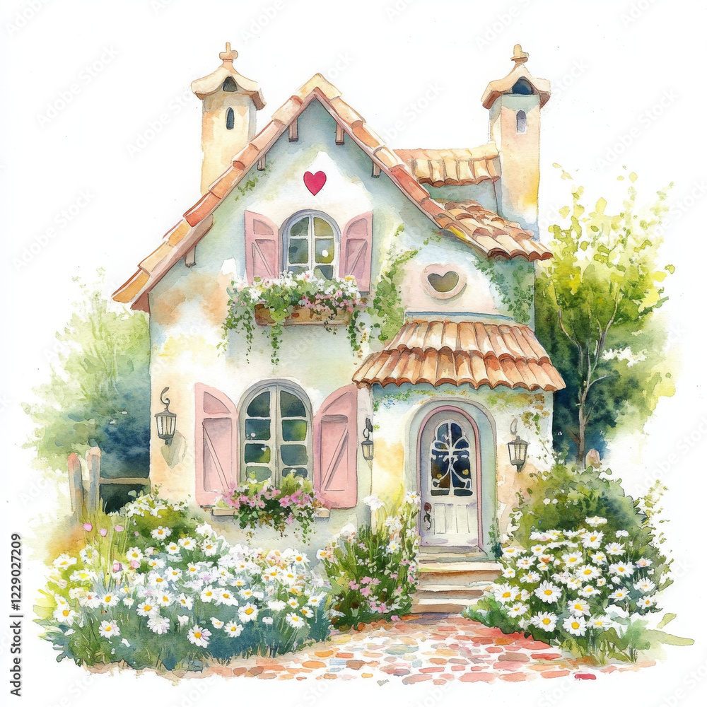 Fototapeta premium Charming watercolor illustration of quaint cottage surrounded by flowers