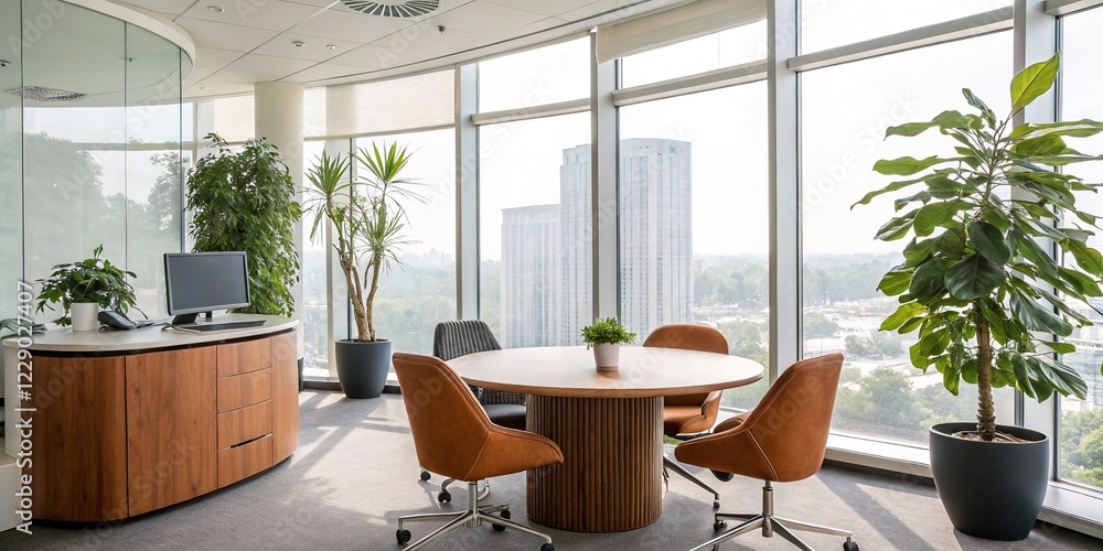 Fototapeta premium Modern Office Space, Round Table, Executive Desk, Bright Interior