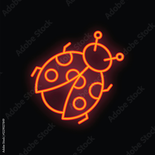 Bright orange neon sign in the shape of a ladybug is shining on a dark background