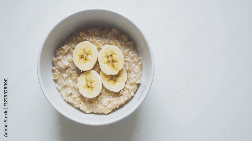 A minimalist bowl of plain oatmeal topped with a few slices of banana, served in a simple white ceramic bowl, Oatmeal centered A minimalist bowl of plain oatmeal topped with a few slices of banana, served in a simple white ceramic bowl, Oatmeal centered