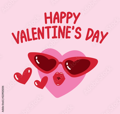 cute girly fashionable heart cartoon wear heart shape sunglasses with happy Valentine’s Day text illustration graphic vector element
