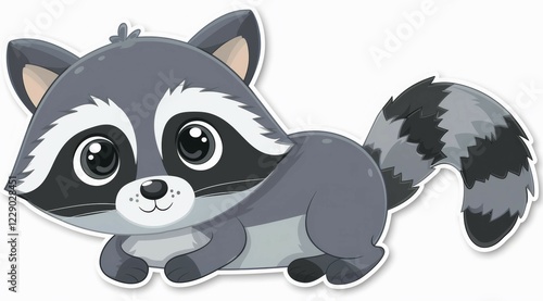 A cartoon sticker of a cute, friendly-looking raccoon lying down, ai generated, AI generated photo