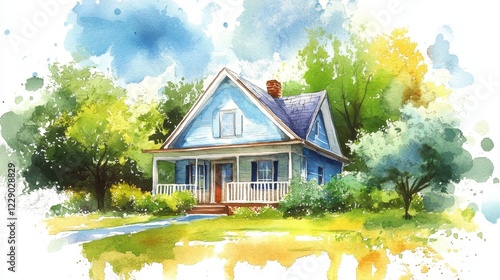 Fototapeta Naklejka Na Ścianę i Meble -  A lovely blue house nestled in vibrant greenery, this watercolor painting captures the charm of a peaceful rural setting filled with trees and sunlight.