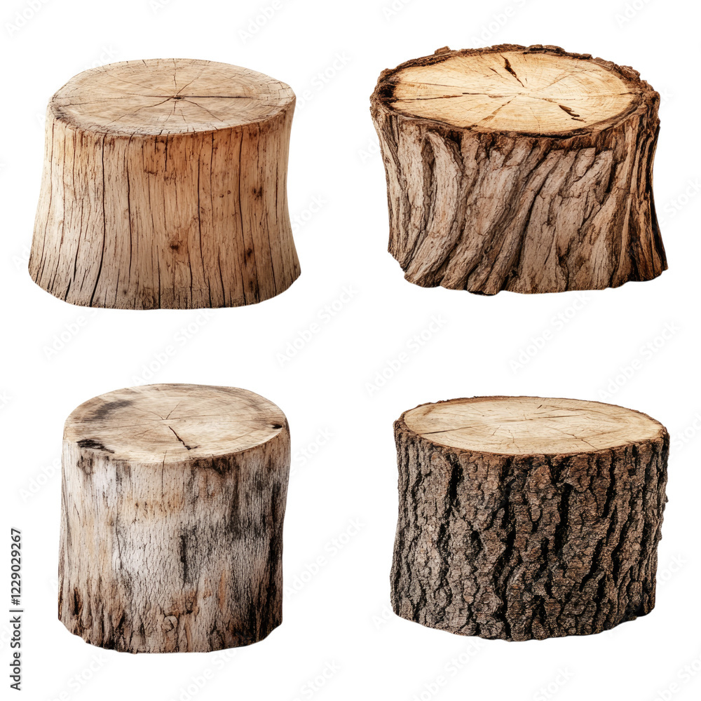 Four different tree stumps of various shapes and sizes, against a white background alpha, transparent background png Four different tree stumps of various shapes and sizes, against a white background alpha, transparent background png